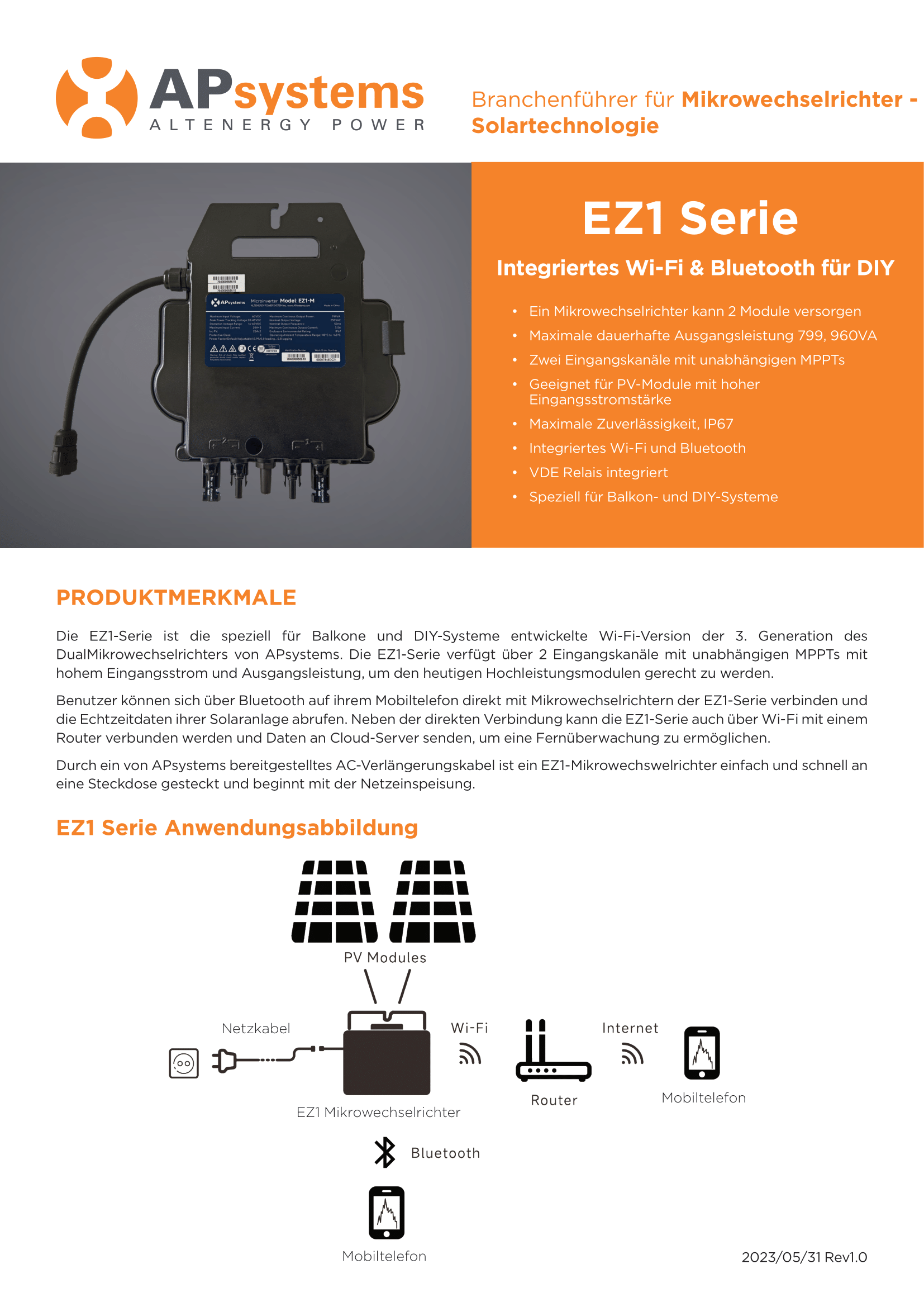 Microwechselrichter APsystems EZ1-M-EU inkl. Kabel